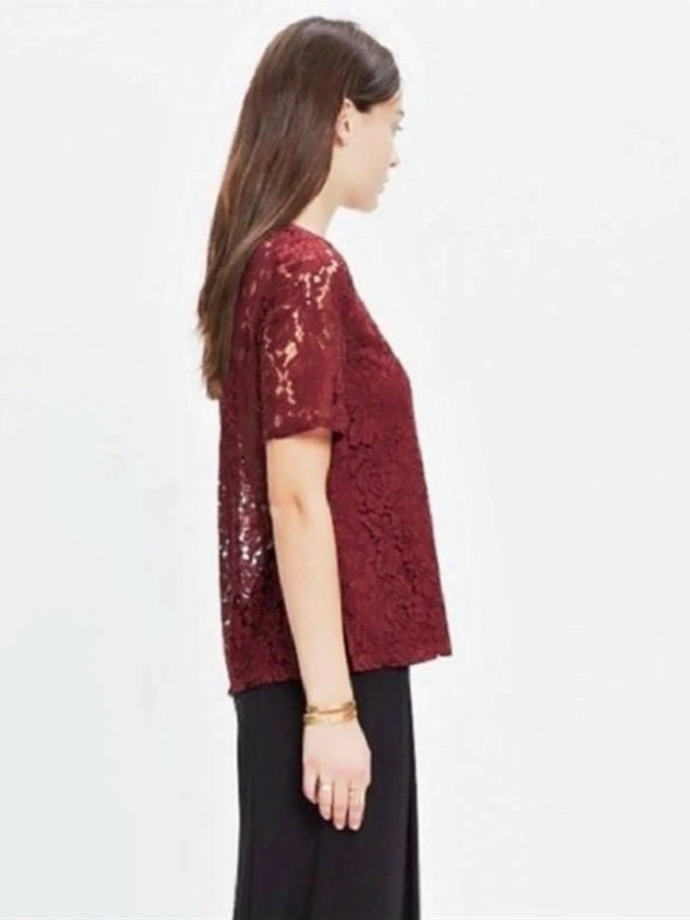 Madewell Lace Short Sleeve Blouse in Burgundy Size XS